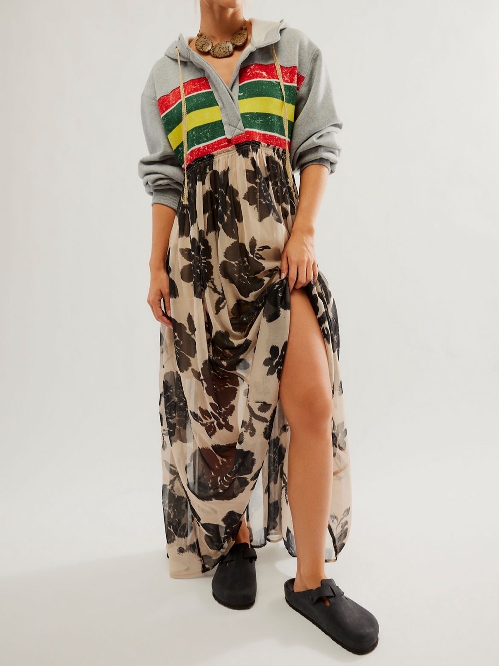 Free People Hooded Maxi Dress in Gray with Red, Green & Yellow Stripes